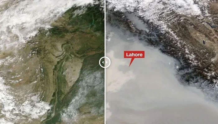 A view of Lahore from space showing before (L) and after (R) smog blankets the city. — Nasa Worldview