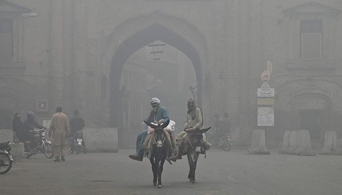 Men ride mules along a street engulfed in smog in Lahore on November 12, 2024. — AFP