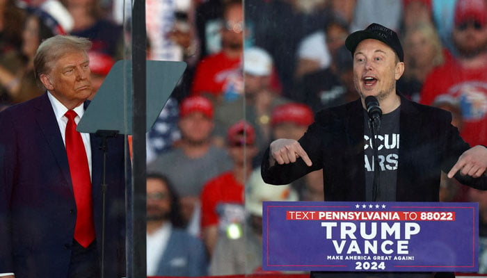 Tesla CEO and X owner Elon Musk speaks as US President-elect Donald Trump looks on during a rally at the site of the July assassination attempt against Trump, in Butler, Pennsylvania, US, October 5, 2024. — Reuters