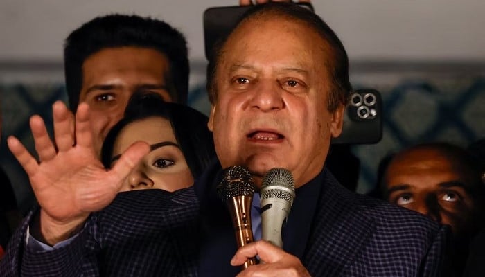 Former PM Nawaz Sharif speaks at the party office, at Model Town in Lahore, February 9, 2024. — Reuters