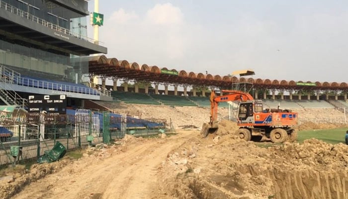 Gaddafi Stadium is under construction ahead of Champions Trophy 2025. — Geo Super/File