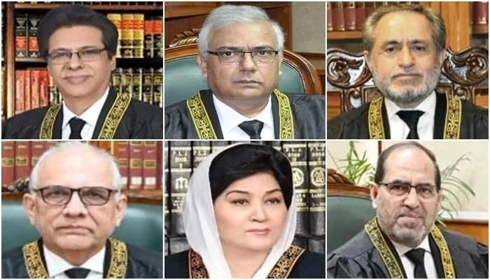 (Clockwise from top left to right) The collage features Justice Muhammad Ali Mazhar, Justice Amin-ud-Din Khan, Justice Jamal Khan Mandokhail, Justice Naeem Afghan, Justice Musarrat Hilali and Justice Syed Hasan Azhar Rizvi. — SC/File site