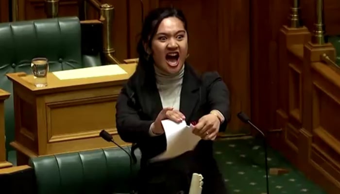 Te Pāti Māori lawmaker Hana-Rawhiti Maipi-Clarke is seen protesting against the Indigenous bill in the New Zealand parliament. — Screengrab via Reuters