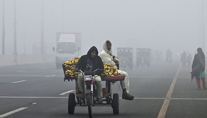 Vendors transport bananas along a road amid heavy smoggy conditions in Lahore on November 17, 2024. — AFP