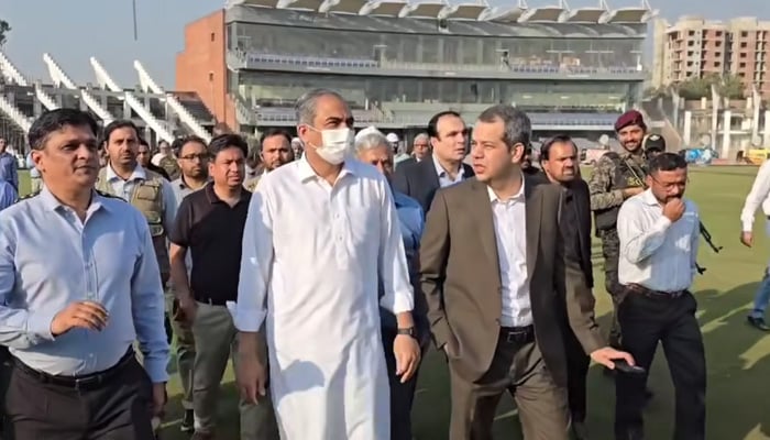 PCB Chairman Mohsin Naqvi inspects the upgradation work at Lahores Gaddafi Stadium on November 18, 2024, ahead of the ICC Champions Trophy 2025. — Screengrab via Facebook/@PakistanCricketBoard