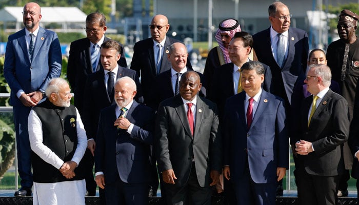 G20 leaders gather for a group photo in Rio de Janeiro, Brazil on November 18, 2024. — AFP