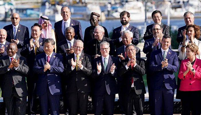 Britains Prime Minister Sir Keir Starmer and other leaders of the G20 pose for a photo of the Global Alliance Against Hunger and Poverty at the G20 summit at the Museum of Modern Art in Rio de Janeiro, Brazil, November 18, 2024. — Reuters