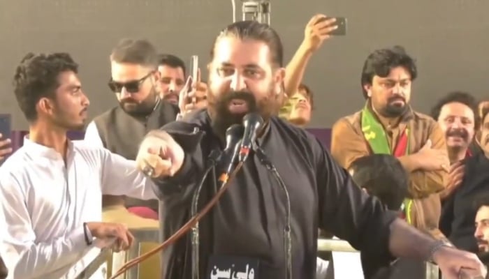 Pakistan Tehreek-e-Insaf spokesperson Sheikh Waqas Akram addressing a public gathering in Swabi on November 12, 2024. —Screengrab/X/@SheikhWaqqas