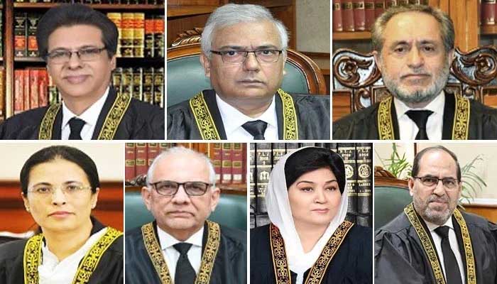 Clockwise from top left) Collage shows Justice Muhammad Ali Mazhar, Justice Amin-ud-Din Khan, Justice Jamal Khan Mandokhail, Justice Ayesha A Malik, Justice Syed Hasan Azhar Rizvi, Justice Musarrat Hilali and Justice Naeem Afghan. — SC website