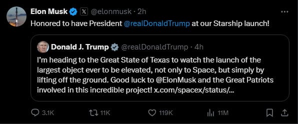 Donald Trump joins Elon Musk to watch SpaceX Starships liftoff