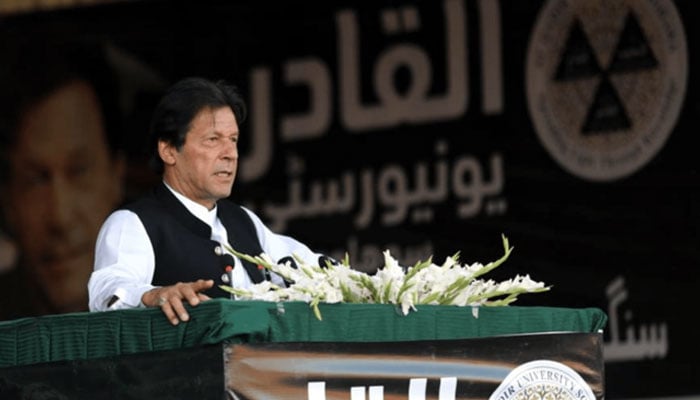 Former prime minister Imran Khan addressing the ground breaking ceremony of Al-Qadir University at Sohawa town in Punjab on May 05, 2019. — PID