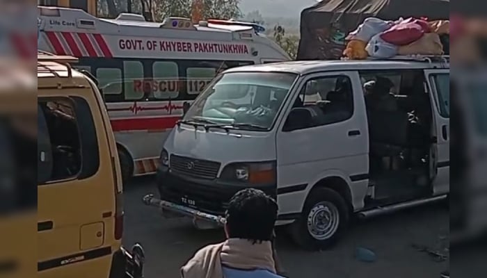 Rescue 1122 ambulance can be seen among passenger vehicles in Kurram on November 21, 2024. — Reporter