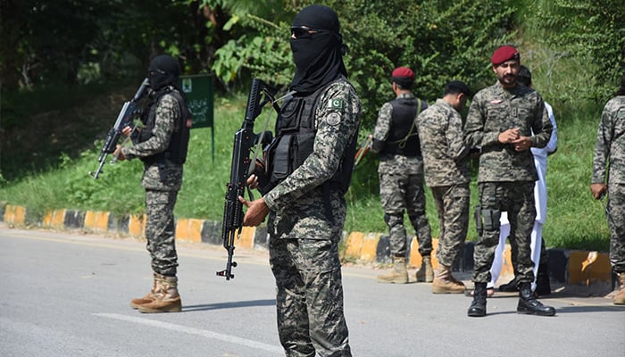 Rangers personals stands alert at D-chowk due to PTI protest in Islamabad. — Online/File