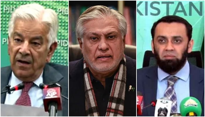 (From left) Defence Minister Khawaja Muhammad Asif, Deputy Prime Minister and Foreign Minister Ishaq Dar and Federal Minister for Information and Broadcasting Attaullah Tarar. — State media/AFP/State media/Files