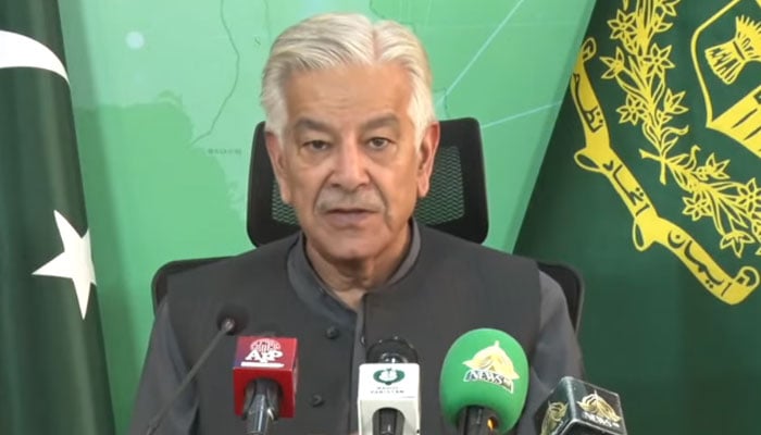 Defence Minister Khawaja Asif addressing a press conference in Islamabad, on November 22, 2024. — Screengrab/PTVNewsLive