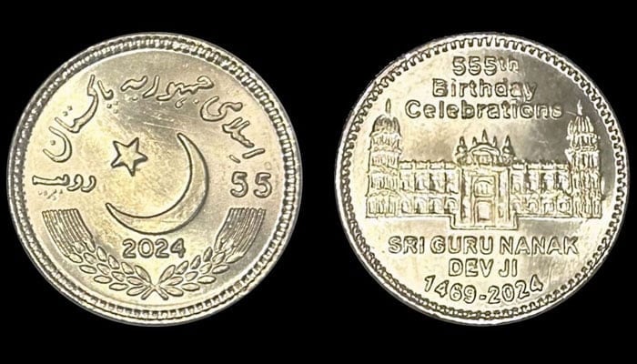 This photo features both sides of Rs55 commemorative coin issued by the SBP on 555th Jayanti of Guru Nanak Dev Ji. — SBP