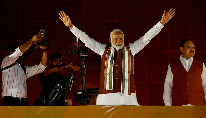 Indian Prime Minister Narendra Modi gestures, at the Bharatiya Janata Party (BJP) headquarters as BJP celebrates its win in the Haryana state assembly elections, in New Delhi, India, October 8, 2024. — Reuters