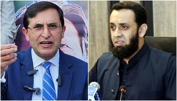 PTI chairman Gohar Ali Khan (left) and Federal Information Minister Attaullah Tarar speak during separate press conferences in these undated photos. — Reuters/Radio Pakistan/File