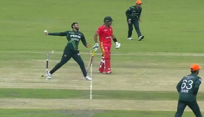 Zimbabwes Sikandar Raza looks on as Pakistans Salman Ali Agha bowling a Zimbabwe batter on November 24, 2024. —Screengrab/ Geo Sports