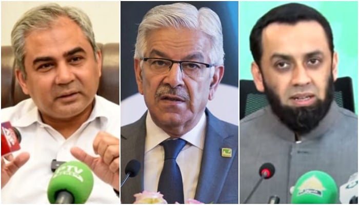 Interior Minister Mohsin Naqvi (left), Defence Minister Khawaja Asif (centre), and Federal Information Minister Attaullah Tarar speak during separate news conferences. — APP/File