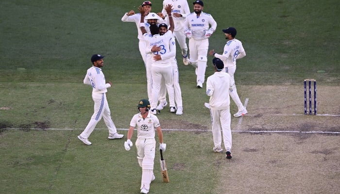 Jasprit Bumrah celebrates with teammates after taking the lbw wicket of Australias Nathan McSweeney at Optus Stadium, Perth, Australia, on November 24, 2024. —Reuters