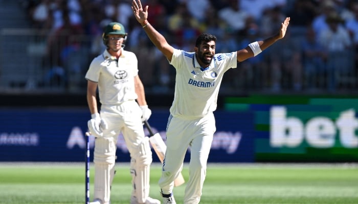 Indias Jasprit Bumrah appeals for the lbw wicket of Australias Nathan McSweeney in Perth, Australia, on November 22, 2024. —Reuters