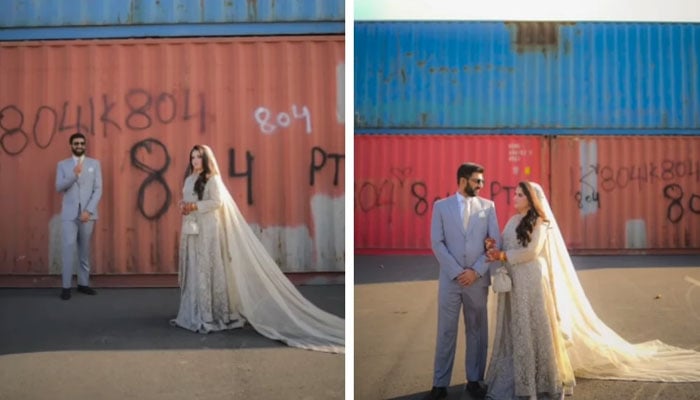 Islamabad couple poses in front of the containers amid the ongoing PTI protest in Islamabad. — Screengrab/Intagram/@thetalentstudios