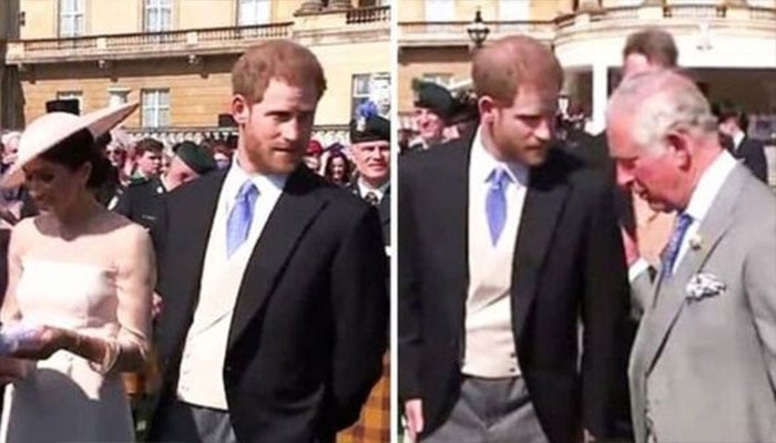 King Charles talks to Harry and Meghan at 70th garden party.