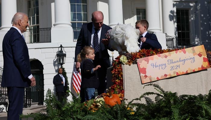 US President Joe Bidens grandson Beau greets the National Thanksgiving Turkey as John Zimmerman, chair of the National Turkey Federation look on after Biden pardoned the turkey during the annual ceremony on the South Lawn at the White House in Washington, US., November 25, 2024. — Reuters