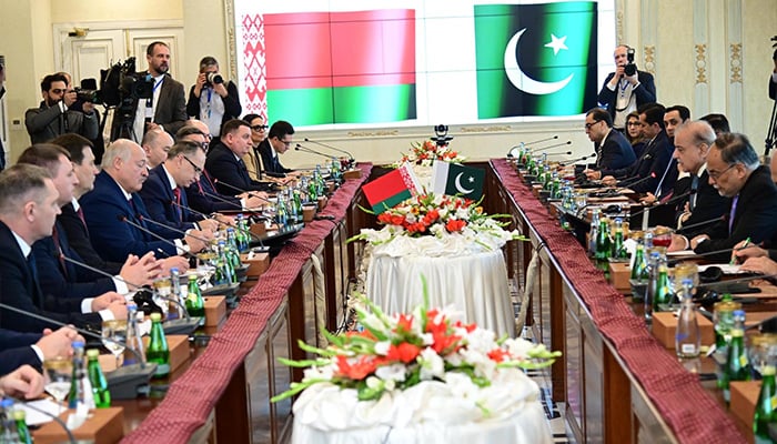 PM Shehbaz Sharif and Belarus President Aleksandr Lukashenko in delegation-level talks between Pakistan and Belarus in Islamabad on November 26, 2024. — PID