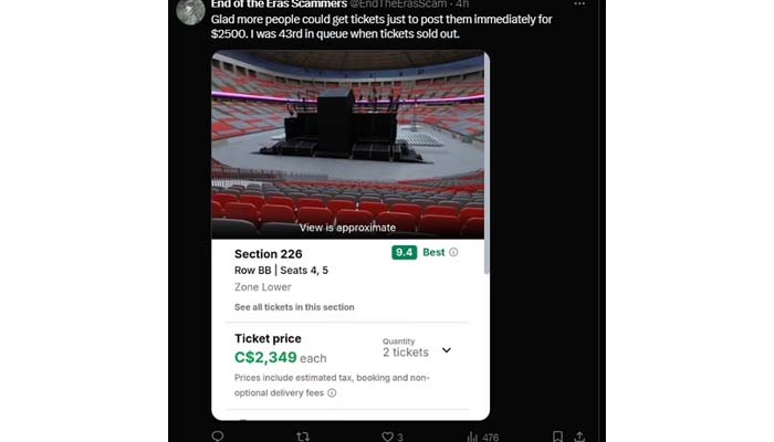 Taylor Swift sparks frenzy as no view seats for Eras tour sell for $1000