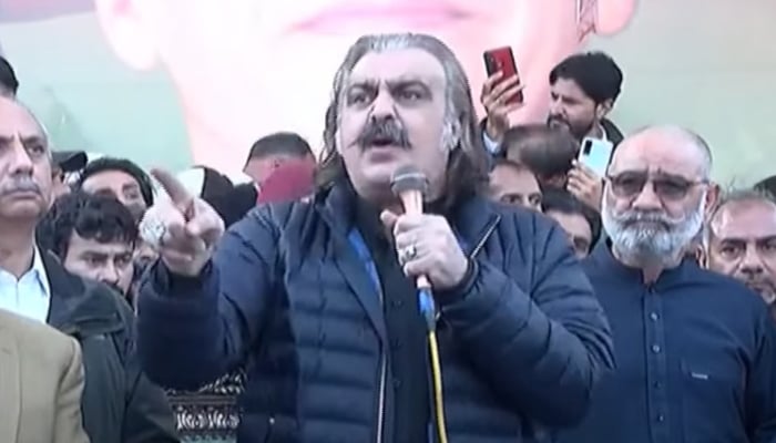 KP Chief Minister Ali Amin Gandapur addressing a press conference in Mansehra, on November 27, 2024. — Screengrab/GeoNews