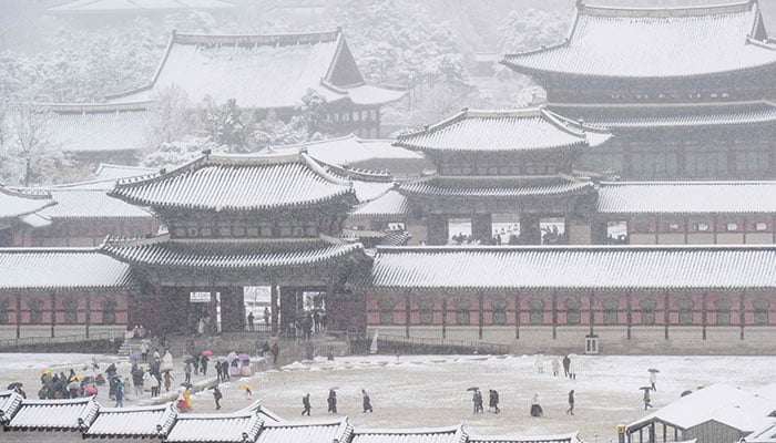 A long-shot view of Gyeongbokgung Palace amid heavy snowfall on November 27, 2024. — AFP