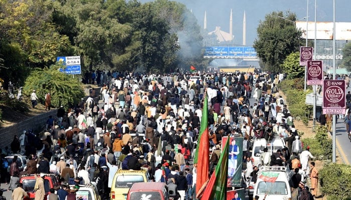 Supporters of PTI attend a protest demanding the release of Imran Khan, in Islamabad, November 26, 2024. — Reuters