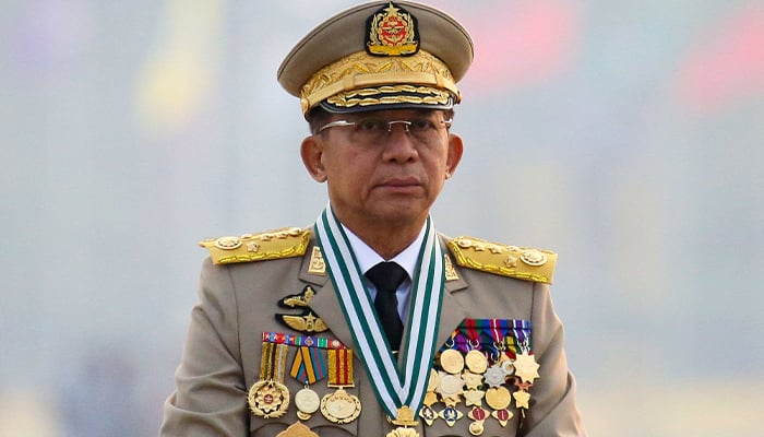 Myanmars junta chief Senior General Min Aung Hlaing presides an army parade on Armed Forces Day in Naypyitaw, Myanmar, March 27, 2021. — Reuters