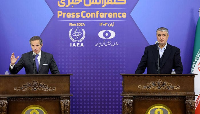 Iran’s head of the Atomic Energy Organisation Mohammad Eslami and the United Nations nuclear chief Rafael Grossi hold a joint press conference in Tehran on November 14, 2024. — AFP