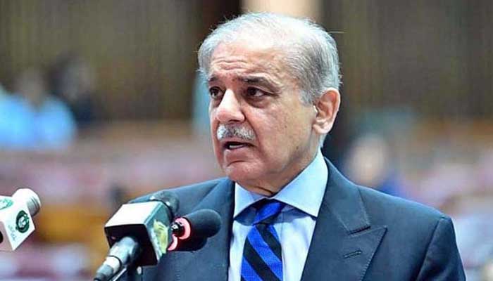 Prime Minister Shehbaz Sharif addressing National Assembly session in Islamabad in this undated image. — APP