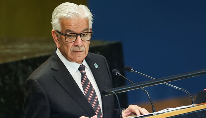 Defence Minister Khawaja Asif addresses the ‘Summit of the Future’ in the General Assembly Hall of the United Nations Headquarters in New York City, US on Sept 23, 2024. — Reuters