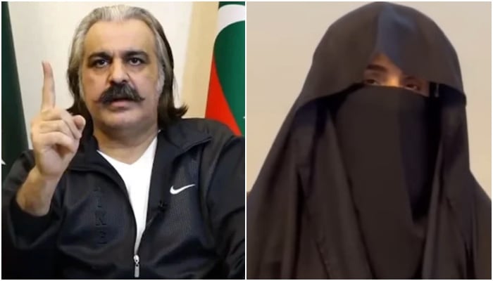 KP Chief Minister Ali Amin Gandapur (left) and Bushra Bibi. — Screengrab/ Geo News/ X/ @PTIofficial