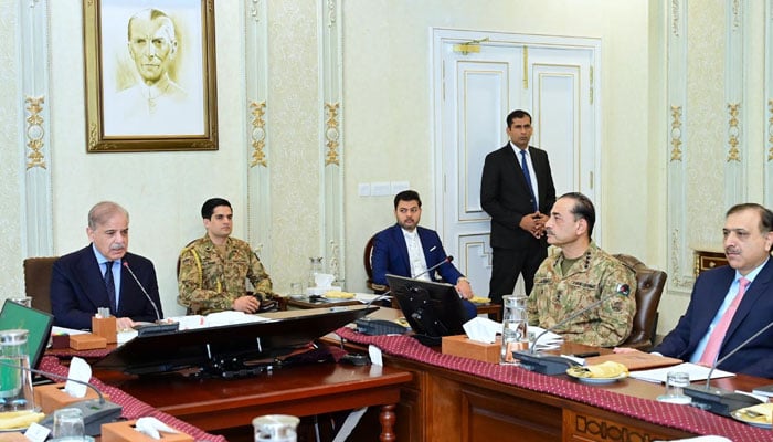 Prime Minister Shehbaz Sharif chairs a high-level meeting regarding law and order in Islamabad on November 29, 2024. — PID