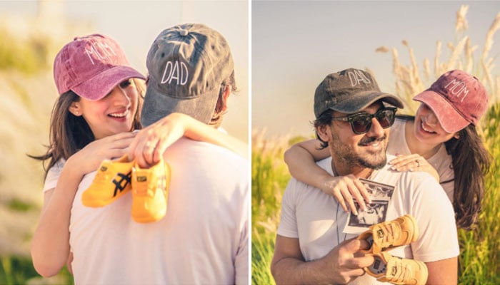 Mariyam Nafees hugs husband Amaan Ahmed during a photoshoot. — Instagram/@mariyam.nafees