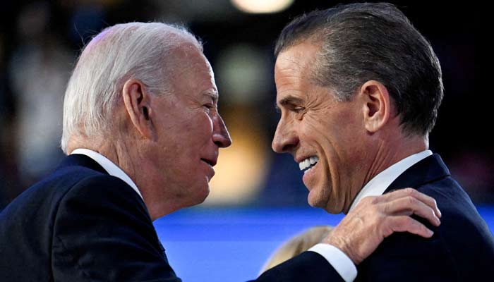 US President Joe Biden greets his son Hunter Biden at the Democratic National Convention (DNC) in Chicago, Illinois, US on August 19, 2024. — Reuters