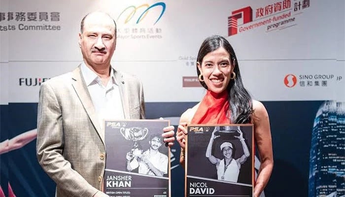 Jansher Khan (left) and Nicol David pose for a picture in Hong Kong on December 1, 2024. —PSA