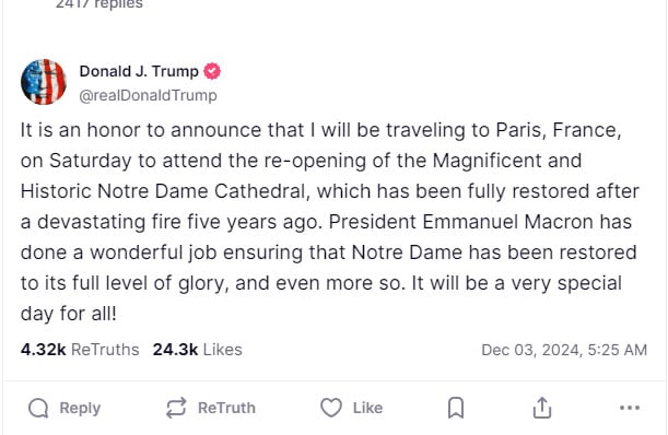 Trump to attend Notre-Dame Cathedral reopening in Paris