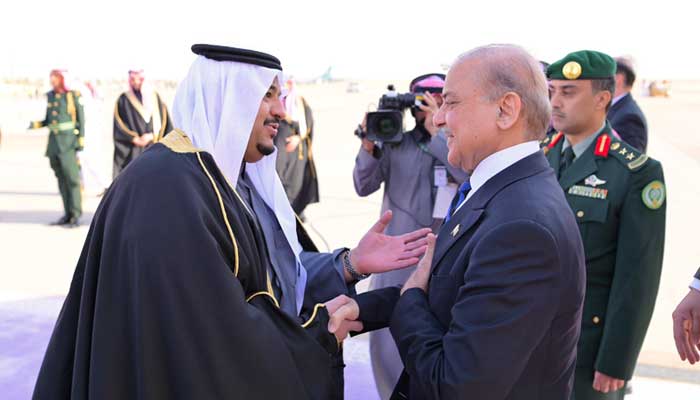 Deputy Governor of Riyadh Prince Muhammad bin Abdul Rehman bin Abdul Aziz receives Prime Minister Shehbaz Sharif upon his arrival in Riyadh, Saudi Arabia, December 3, 2024. — X/PTVNewsOfficial