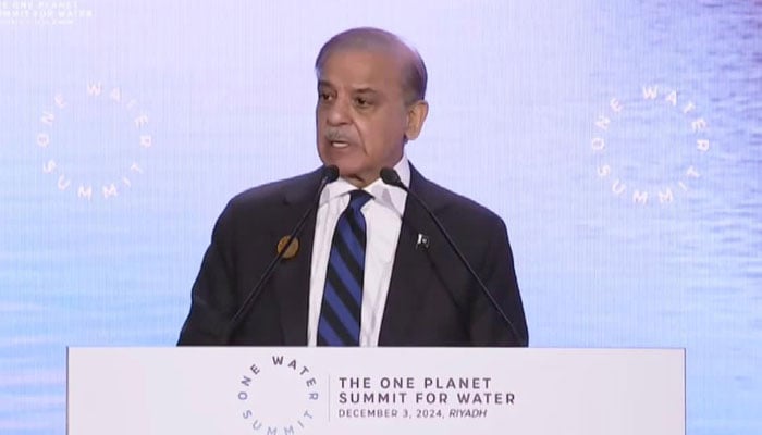 Prime Minister Shehbaz Sharif addresses “One Water Summit” in Riyadh on December 3, 2024. — PID