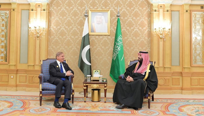 Prime Minister Shehbaz Sharif meets Crown Prince and Prime Minister of Saudi Arabia H.R.H. Mohammad Bin Salman Al Saud on the sidelines of One Water Summit in Riyadh on December 3, 2024. — PID