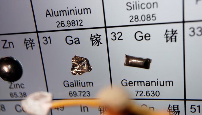 A worker miniature is placed near the elements of Gallium and Germanium on a periodic table, in this illustration picture taken on July 6, 2023. — Reuters