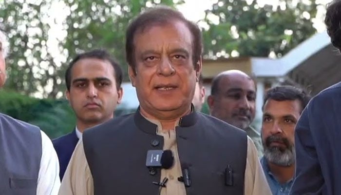 PTI Senator Shibli Faraz talks to media persons at Khyber Pakhtunkhwa House in the Federal Capital on May 6, 2024. — YouTube@ImranKhanOfficialChannel