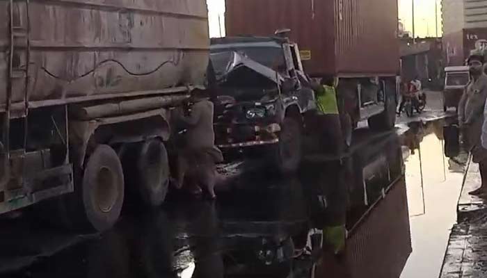 Oil spillage from a tanker on Karachis busy Native Jetty Bridge can be seen on December 7, 2024 in this still taken from a video. — Reporter